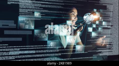 Woman, futuristic technology and phone networking with big data for global communication at night. Female employee developer at work on digital Stock Photo