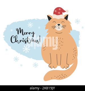 Fat sad cat in Santas hat. Merry Christmas greeting card. Vector illustration with cute pet Stock Vector
