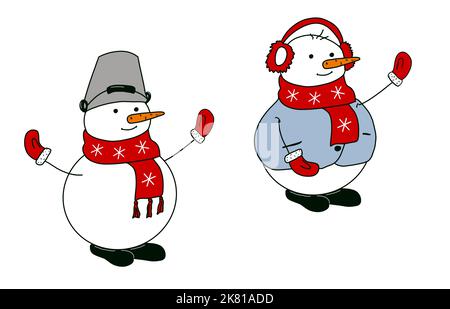 Set of Snowman with hat and scarf isolated on white background. Hand drawing illustration. Stock Photo