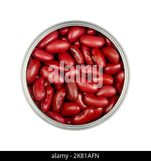 Red kidney beans, in an opened can. Cooked and canned common kidney beans, a variety of the common bean, Phaseolus vulgaris, a vegetarian staple food. Stock Photo
