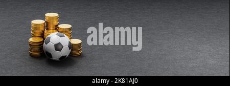 Soccer Ball ahead of Stacks of Coins on Dark Background Stock Photo