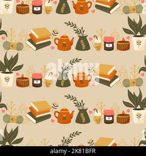 Hygge Autumn and winter pattern border design. Cute and cosy vector seamless repeat banner. Illustration of scarfs, mittens, coffee, winter woodland f Stock Vector