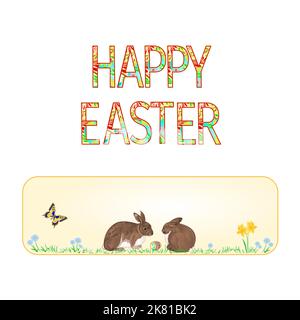 Banner Happy easter rabbits  and easter egg with butterfly vintage vector illustration Stock Vector