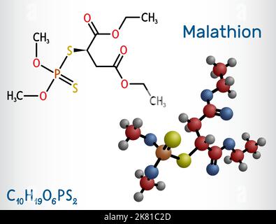 Malathion molecule. Structural chemical formula, molecule model. Stock Vector