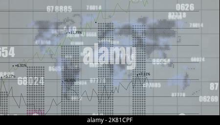Image of financial data processing and numbers changing over world map Stock Photo