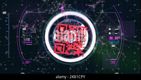 Qr code scanner over network of connections against digital interface on black background Stock Photo