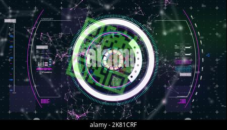 Qr code scanner over network of connections against digital interface on black background Stock Photo