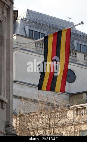 A vertical shot of a flag of Uganda at the High Commission of Uganda in Trafalgar Square Stock Photo