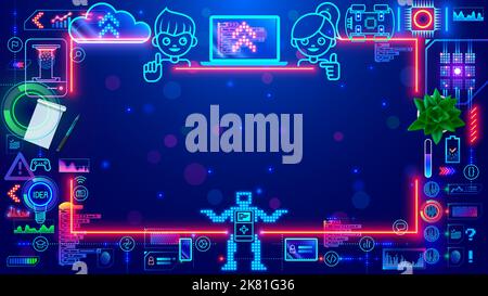 Frame in electronic tech style for kids educational. Child computer online learning STEM subjects. Empty border with tech doodles in teens style. Boy Stock Vector