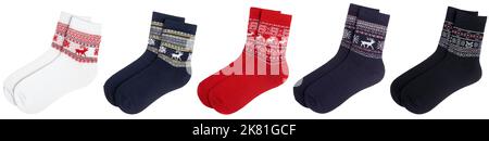 Collection of socks with deer and snowflake geometric ornament isolated on a white background Stock Photo