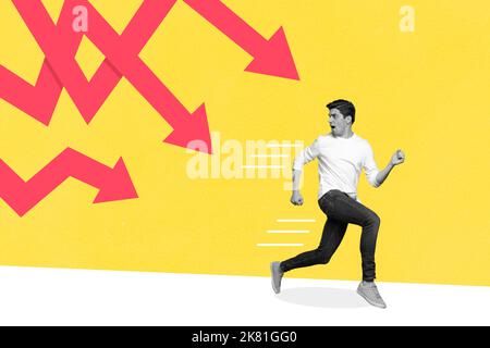Creative photo collage illustration of handsome scared guy fast running from red dangerous arrows isolated on yellow color background Stock Photo