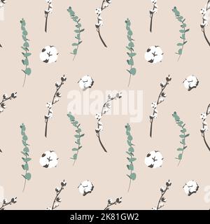 Boho seamless pattern with eucalyptus and cotton Stock Vector