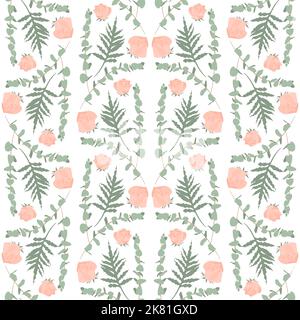 Boho seamless pattern with eucalyptus, rose blossoms and palm leaves Stock Vector