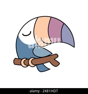 Cute colorful blue toucan bird on a branch. Kawaii drawing with an outline. Adorable cartoon character. Children print design element. Vector Stock Vector