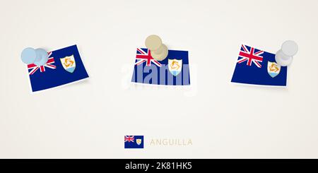 Pinned flag of Anguilla in different shapes with twisted corners. Vector pushpins top view. Flag set. Stock Vector