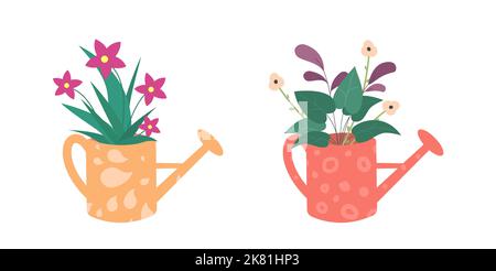 Cute garden watering can with red flowers. Orange garden watering can. Vector Illustration isolated on white background in Flat style. Stock Vector