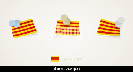 Pinned flag of Catalonia in different shapes with twisted corners. Vector pushpins top view. Flag set. Stock Vector