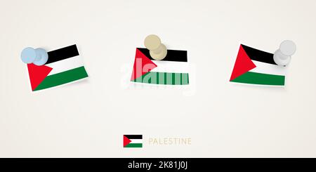 Pinned flag of Palestine in different shapes with twisted corners. Vector pushpins top view. Flag set. Stock Vector