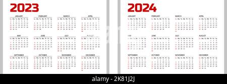 Horizontal red pocket calendar on 2023 and 2024 year. Vector template Stock Vector