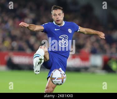 Brentford ENGLAND - October 19: Chelsea's Cesar Azpilicueta during English Premier League soccer match between Brentford against Chelsea at The Gtech Stock Photo