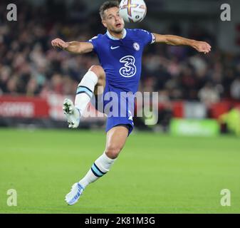 Brentford ENGLAND - October 19: Chelsea's Cesar Azpilicueta during English Premier League soccer match between Brentford against Chelsea at The Gtech Stock Photo