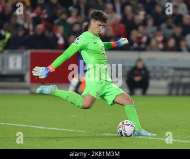 Brentford ENGLAND - October 19: Chelsea's Kepa Arrizabalaga during English Premier League soccer match between Brentford against Chelsea at The Gtech Stock Photo
