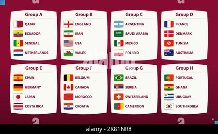 World football 2022 participants flags sorted into groups. Flag collection. Stock Vector