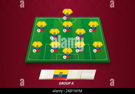 Football field with Ecuador team lineup for European competition. Soccer players on half football field. Stock Vector