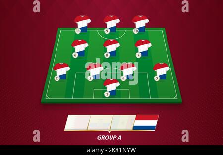 Football field with Netherlands team lineup for European competition. Soccer players on half football field. Stock Vector