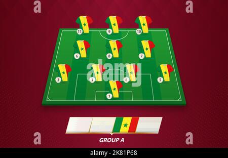 Football field with Senegal team lineup for European competition. Soccer players on half football field. Stock Vector