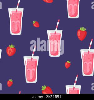 Vector seamless pattern with Milkshake smoothie cocktail glass, milk carton banana and strawberry isolated cocktails . Doodle background with beverage Stock Vector