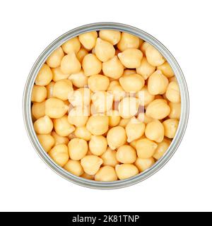 Chickpeas, in an opened can. Cooked and canned chick peas, high in protein, seeds of Cicer arietinum, a legume, also known as garbanzo beans or gram. Stock Photo