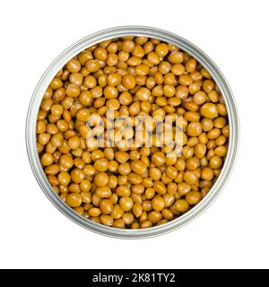 Lentils in an opened can. Cooked and canned small brown lentils, seeds of Lens culinaris, a legume and staple, used for thick curry, gravy or dal. Stock Photo