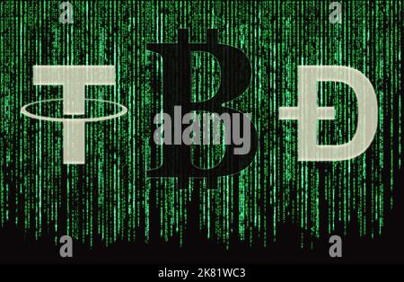 Tether, bitcoin and dogecoin cryptocurrencies symbols on matrix style background Stock Photo