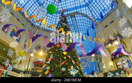 Moscow, Russia, 04 december 2018: Christmas tree and decorations on the Christmas fair in GUM on December 10, 2016 in Moscow. GUM is large shopping Stock Photo