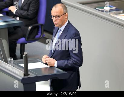 Berlin, Germany, 20 Oct 2022.Friedrich Merz, leader of the CDU/CSU parliamentary group and thus leader of the opposition in the 20th German Bundestag, during the 62th plenary session. Credit: Juergen Nowak/Alamy Live News. Stock Photo