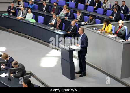 Berlin, Germany, 20 Oct 2022.Friedrich Merz, leader of the CDU/CSU parliamentary group and thus leader of the opposition in the 20th German Bundestag, during the 62th plenary session. Credit: Juergen Nowak/Alamy Live News. Stock Photo