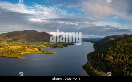 An aerial view of Bassenthwaite Lake in the English Lake District in warm eveing light Stock Photo