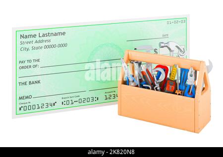 Bank check with tool box, 3D rendering isolated on white background Stock Photo