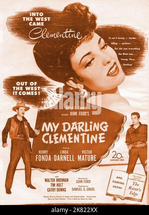 Henry Fonda, Linda Darnell & Victor Mature Poster Film: My Darling Clementine (USA 1946) Characters: Wyatt Earp, Chihuahua, Doc Holliday  / Titel Auch: 'Tombstone' / Literaturverfilmung (Based On The Book By  Stuart N. Lake) Director: John Ford 16 October 1946   **WARNING** This Photograph is for editorial use only and is the copyright of 20TH CENTURY FOX and/or the Photographer assigned by the Film or Production Company and can only be reproduced by publications in conjunction with the promotion of the above Film. A Mandatory Credit To 20TH CENTURY FOX is required. The Photographer should als Stock Photo