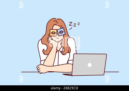 Exhausted young woman sit at desk work on computer overwhelmed with office job. Tired girl feel sleepy overwork at workplace. Fatigue concept. Vector illustration.  Stock Vector