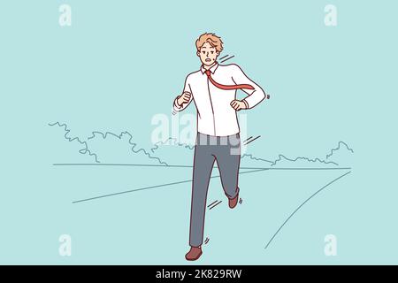 Stressed businessman running on road worried about meeting deadline. Anxious man feel in rush hurry or being late. Vector illustration.  Stock Vector