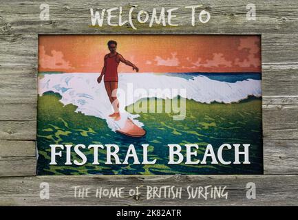 Newquay, United Kingdom - 4 Spetember, 2022: close-up view of painted wooden sign at Fistral Beach the home of British surfing Stock Photo