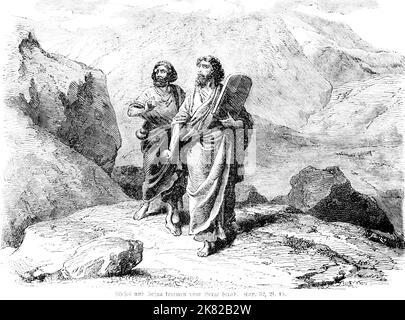 Moses and Joshua descending the mountain, Bible, Old Testament, Second Book of Moses, Genesis, Chapter 32, Verse 15, historical Illustration 1850 Stock Photo