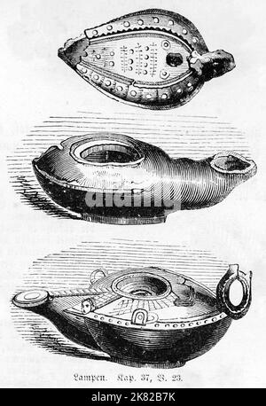 Different oil lamps, Bible, Old Testament, Second Book of Moses, Genesis, Chapter 37, Verse 23, historical Illustration 1850 Stock Photo