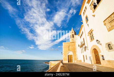 Small resort town Sitges, in the suburbs of Barcelona. Museum Cau Ferrat, Maricel Palace and Church of Santa Tecla Stock Photo