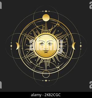 Sun with Phases of Moon and Stars. Esoteric vector Illustration isolated on black background. Stock Vector