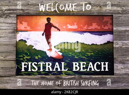 Newquay, United Kingdom - 4 Spetember, 2022: close-up view of painted wooden sign at Fistral Beach the home of British surfing Stock Photo