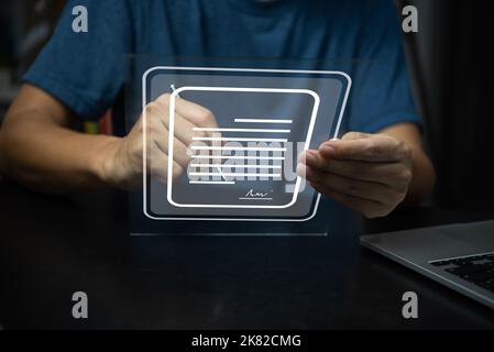 Online business contract Electronic signature, e-signing document digital cyber network. Stock Photo