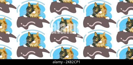 Seamless vector patterns made of funny minimalist cat in bed Stock Vector